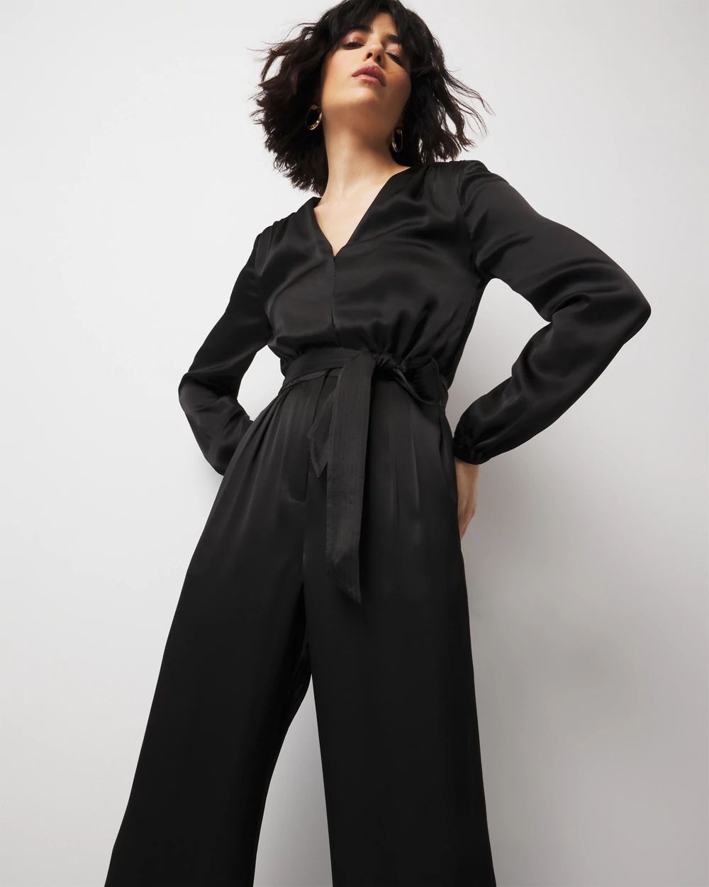 SATIN PRINT W/ WAIST RING TRIM JUMPSUIT